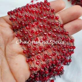 1 Feet Chain, Garnet Hydro Rondelle Rosary Chain, Rondelle Gemstone Beads, Red Garnet Bead Chain, Black Plated Chain, DIY Necklace Chain