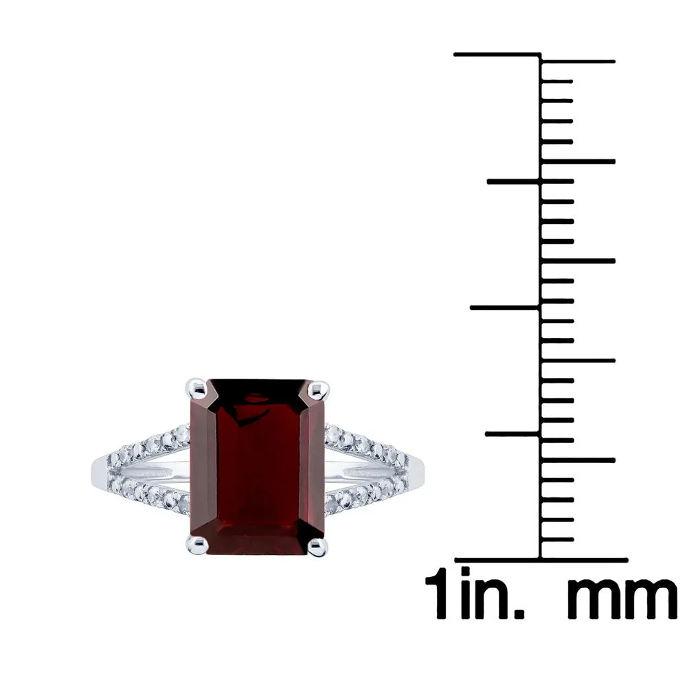 10k White Gold Genuine Emerald-Shape Garnet and Split-Shank Diamond Ring