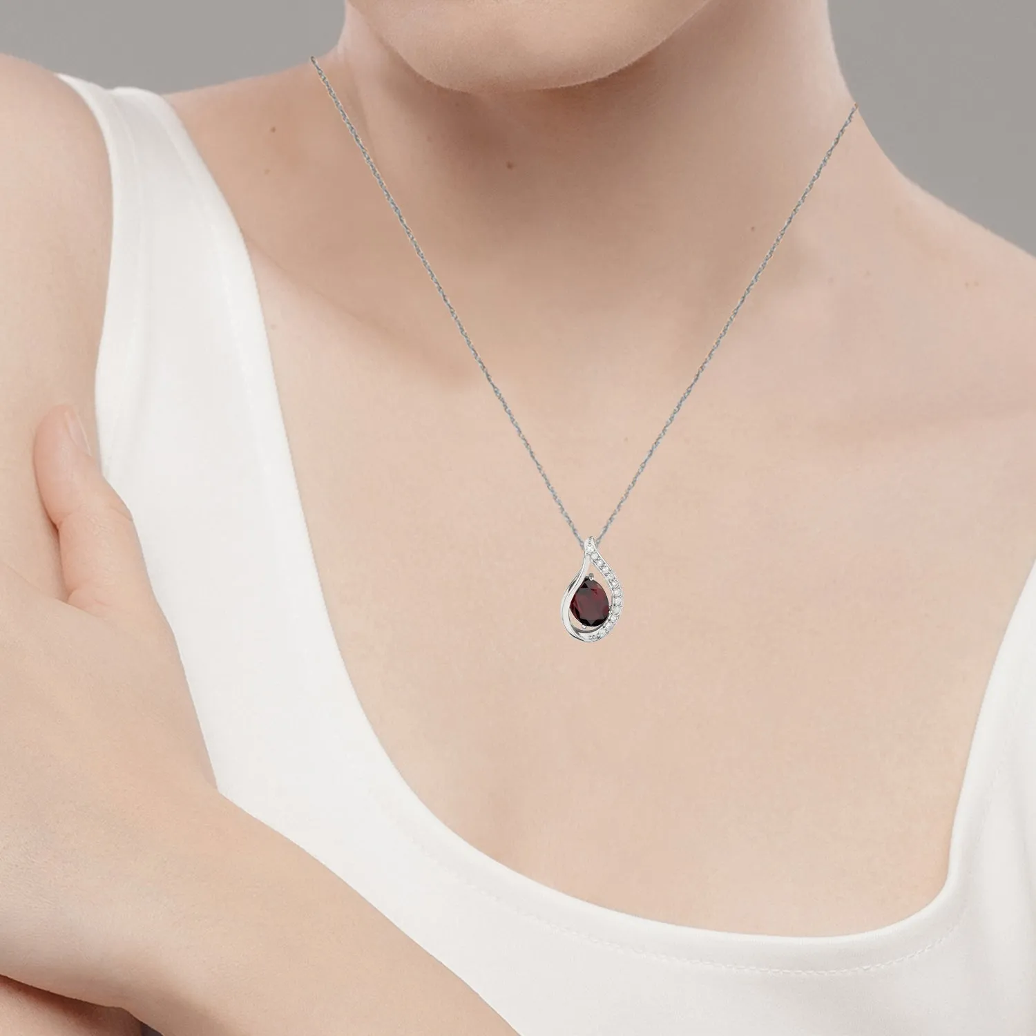 10k White Gold Genuine Oval Garnet and Diamond Halo Drop Pendant Necklace