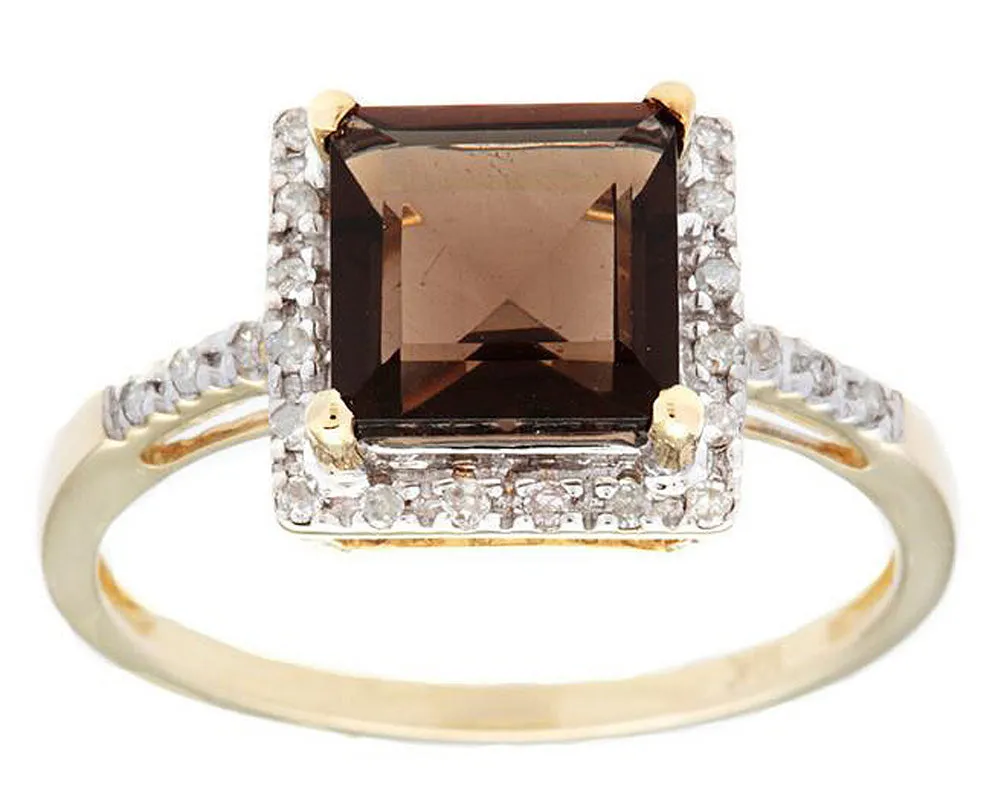 10k Yellow Gold Square Smoky Quartz and Diamond Halo Ring