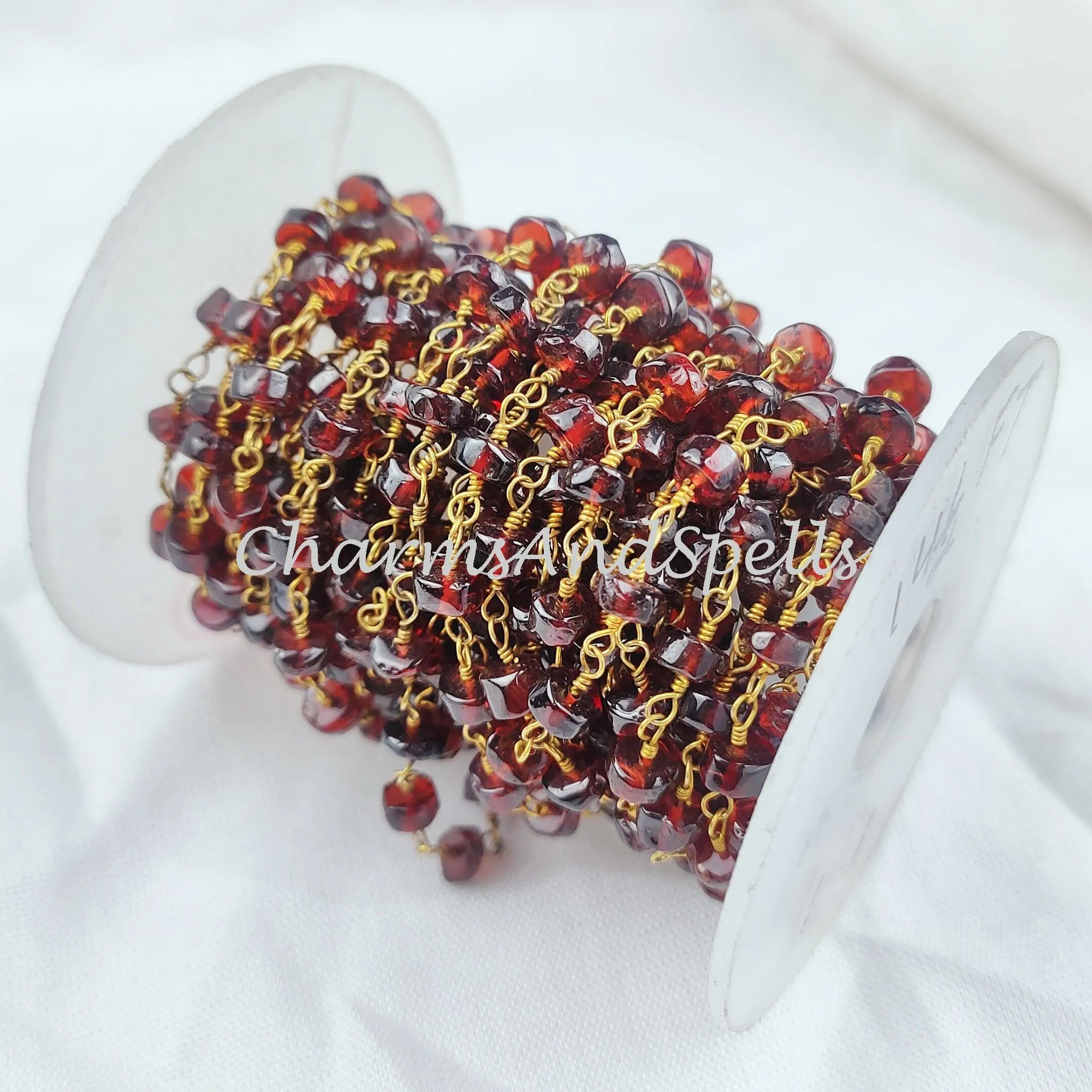 1,2,5,10,25 Ft Garnet Faceted Tyre Beaded Rosary Chain, 14K Gold Plated Wire, Jewelry Making Chain, Wire Wrapped Chain
