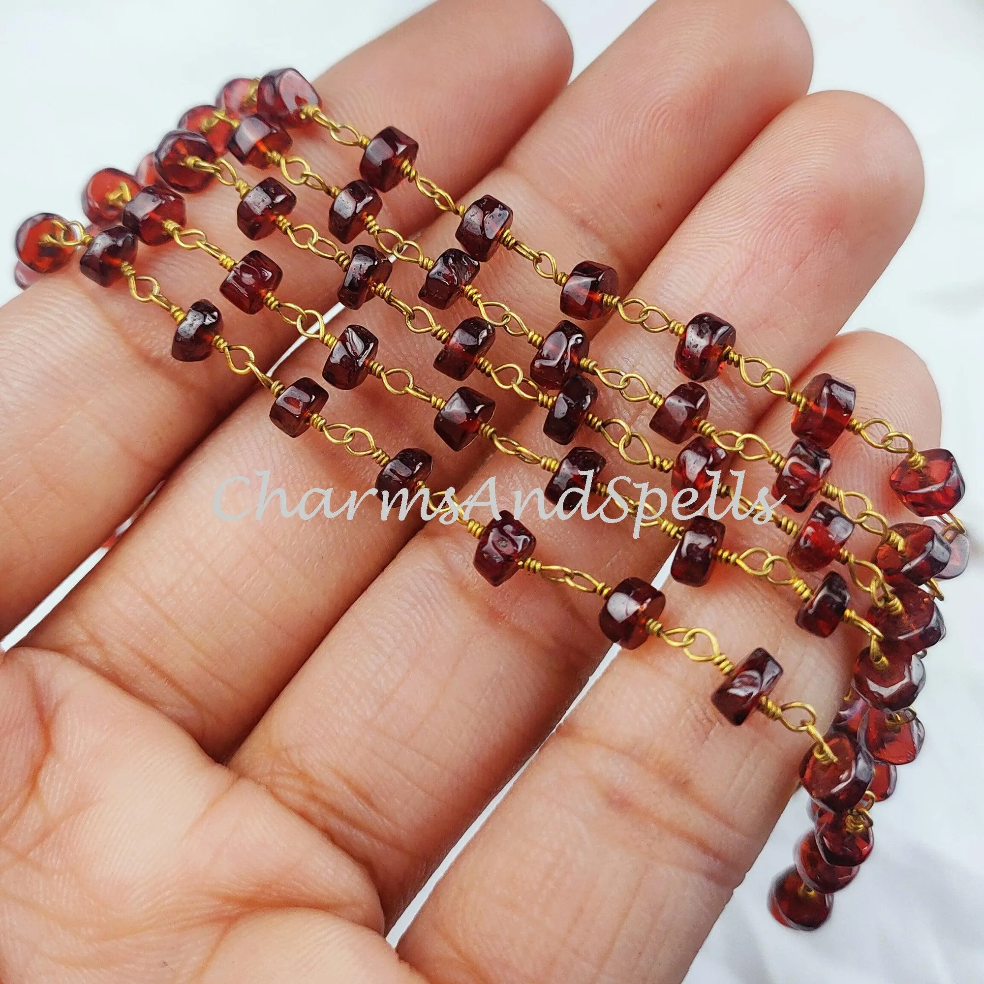 1,2,5,10,25 Ft Garnet Faceted Tyre Beaded Rosary Chain, 14K Gold Plated Wire, Jewelry Making Chain, Wire Wrapped Chain