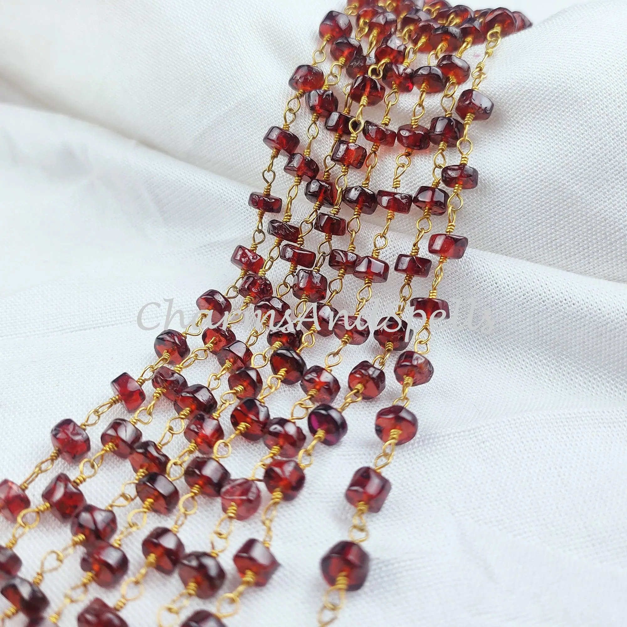 1,2,5,10,25 Ft Garnet Faceted Tyre Beaded Rosary Chain, 14K Gold Plated Wire, Jewelry Making Chain, Wire Wrapped Chain