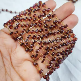 1,2,5,10,25 Ft Garnet Faceted Tyre Beaded Rosary Chain, 14K Gold Plated Wire, Jewelry Making Chain, Wire Wrapped Chain