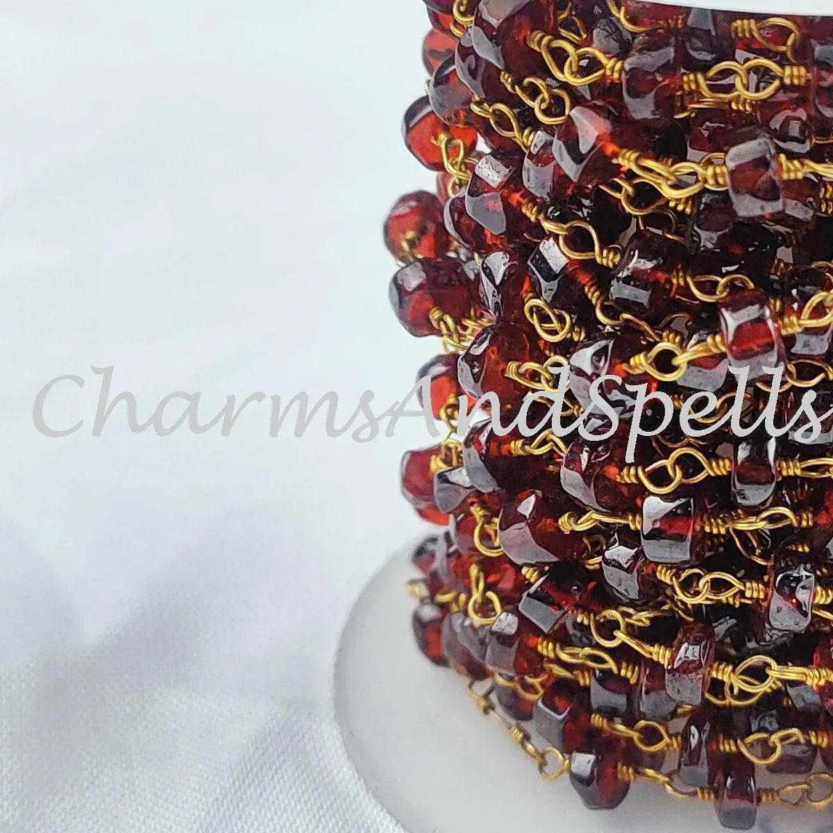 1,2,5,10,25 Ft Garnet Faceted Tyre Beaded Rosary Chain, 14K Gold Plated Wire, Jewelry Making Chain, Wire Wrapped Chain