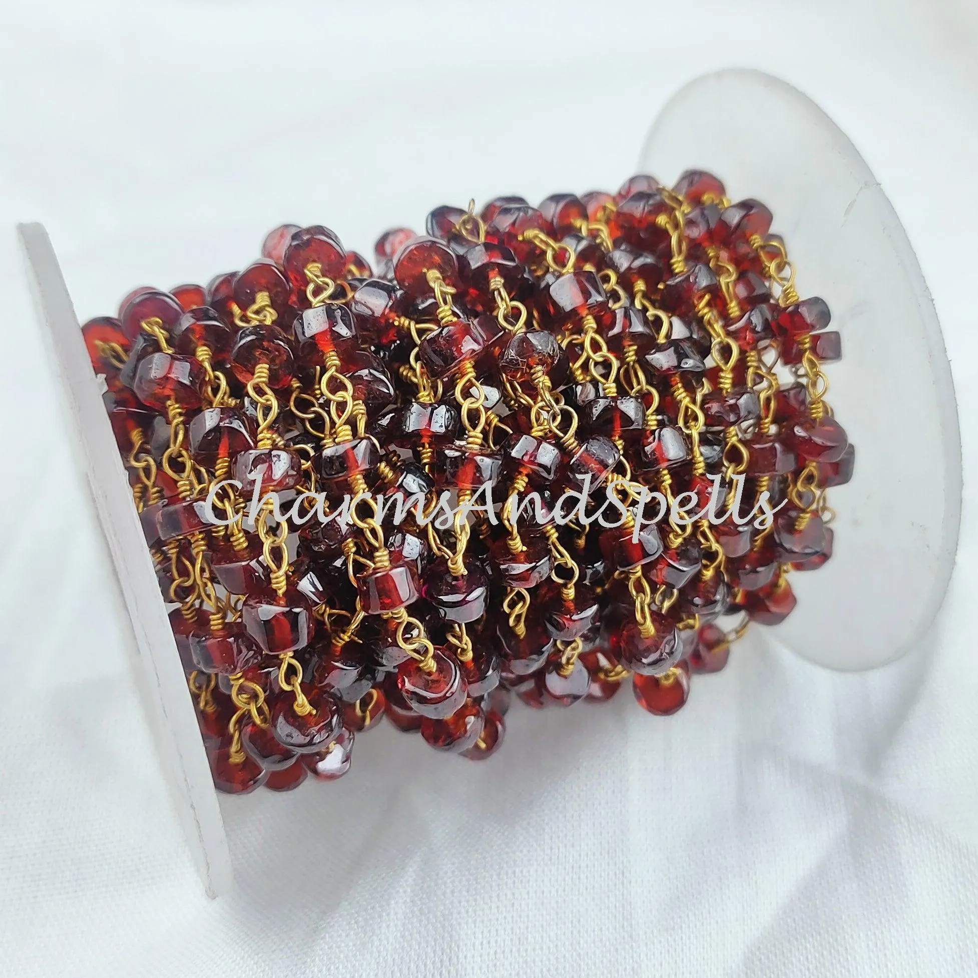 1,2,5,10,25 Ft Garnet Faceted Tyre Beaded Rosary Chain, 14K Gold Plated Wire, Jewelry Making Chain, Wire Wrapped Chain