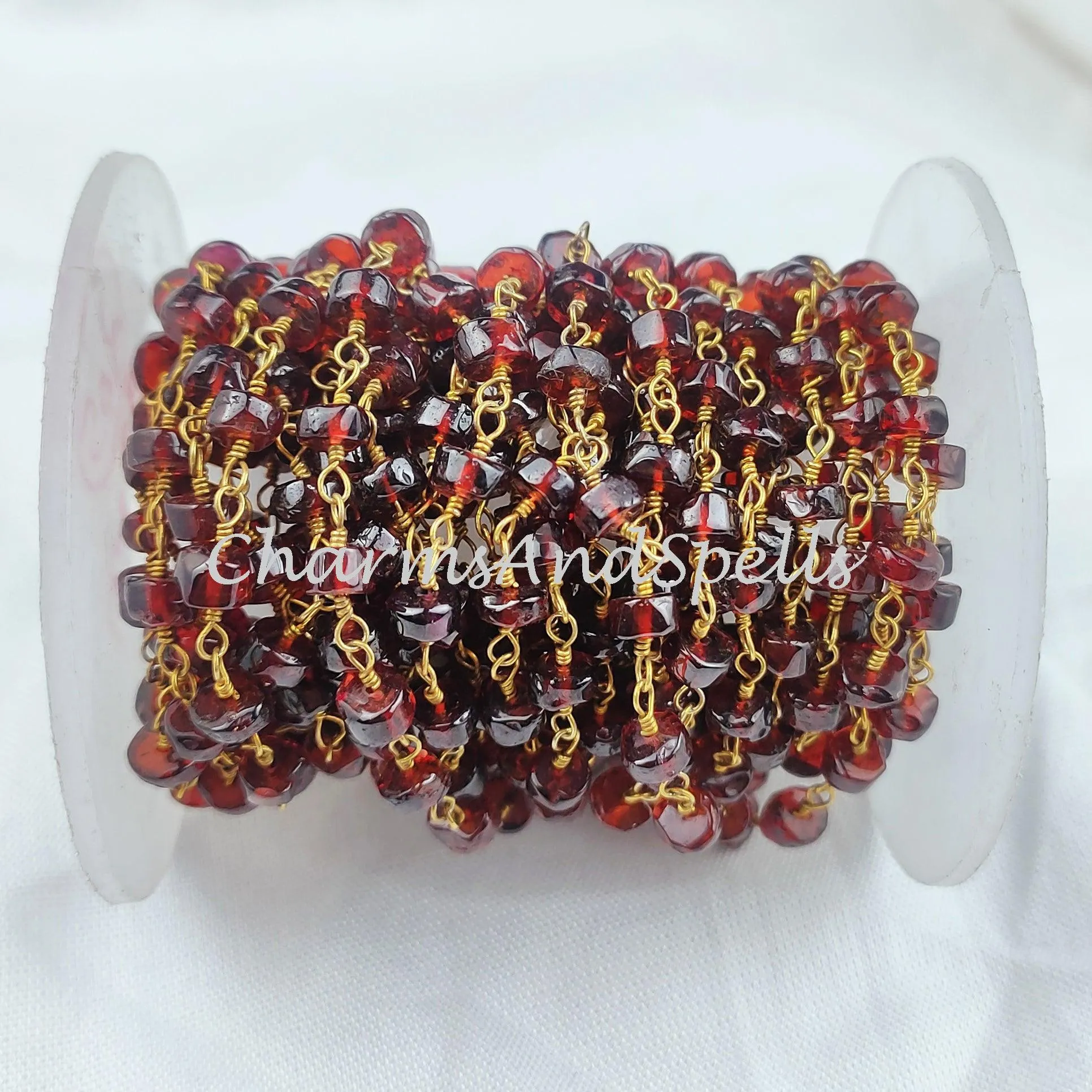 1,2,5,10,25 Ft Garnet Faceted Tyre Beaded Rosary Chain, 14K Gold Plated Wire, Jewelry Making Chain, Wire Wrapped Chain