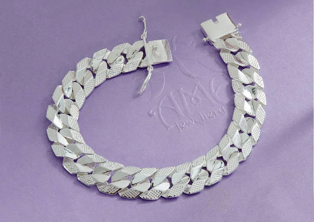 12mm Carved Cuban Link Chain Men's Bracelet in Sterling Silver