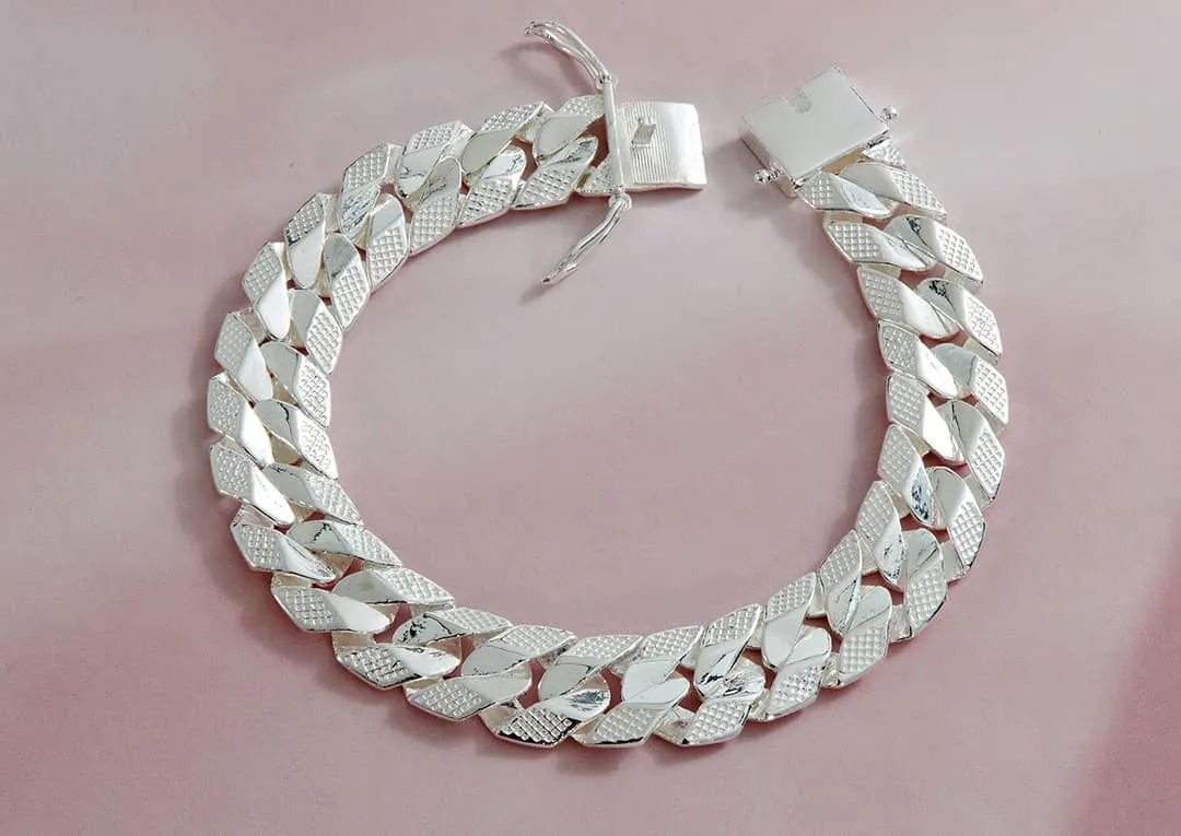 12mm Carved Cuban Link Chain Men's Bracelet in Sterling Silver