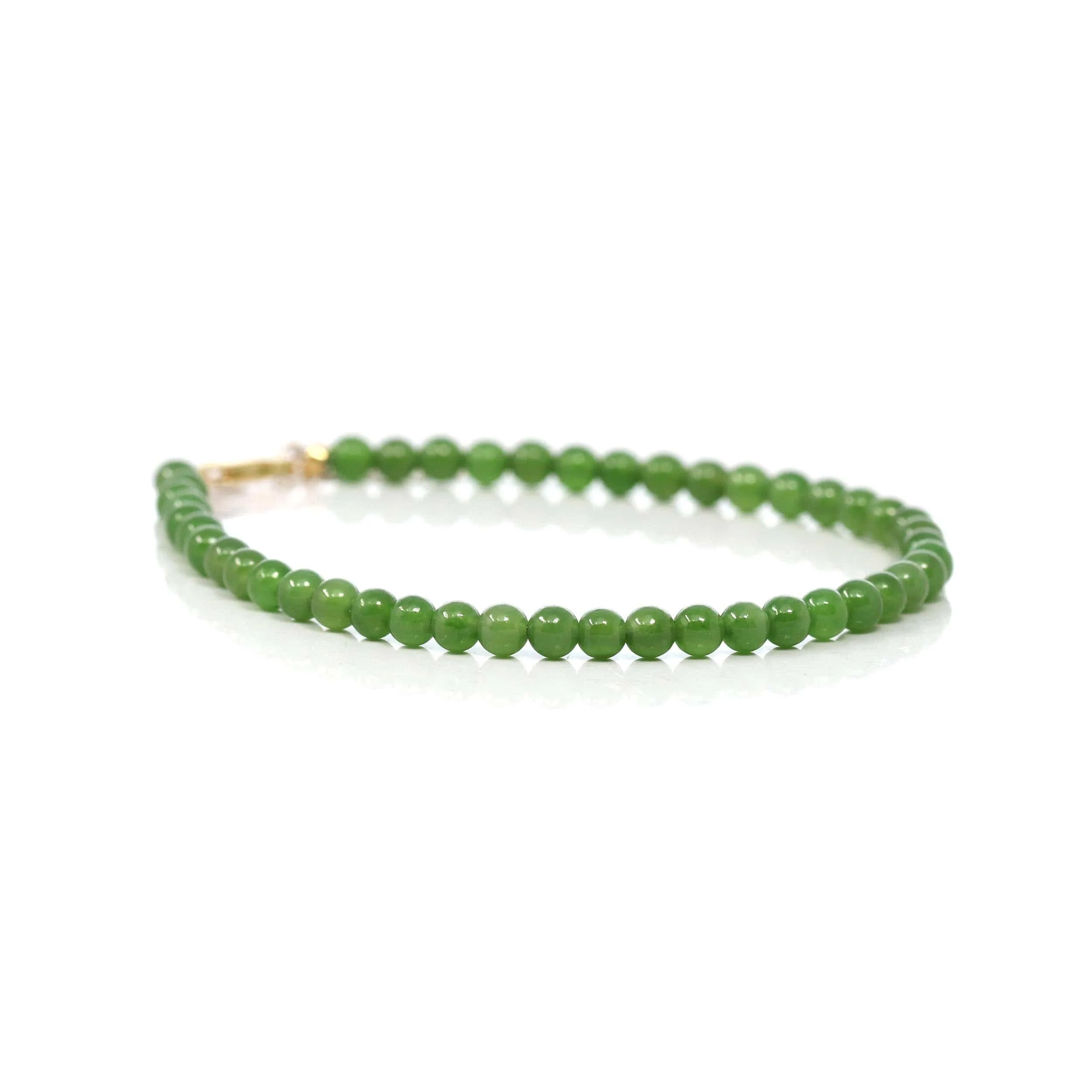18K Yellow Gold Clasp With Genuine Green Jade Round Beads Bracelet Bangle ( 4 mm )