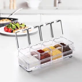 3/4 Grid Acrylic Transparent Seasoning Box Salt and Pepper Kitchen Spice Container Condiment Storage with Spoon Seasoning Tool