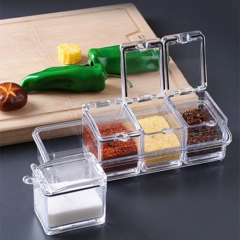 3/4 Grid Acrylic Transparent Seasoning Box Salt and Pepper Kitchen Spice Container Condiment Storage with Spoon Seasoning Tool