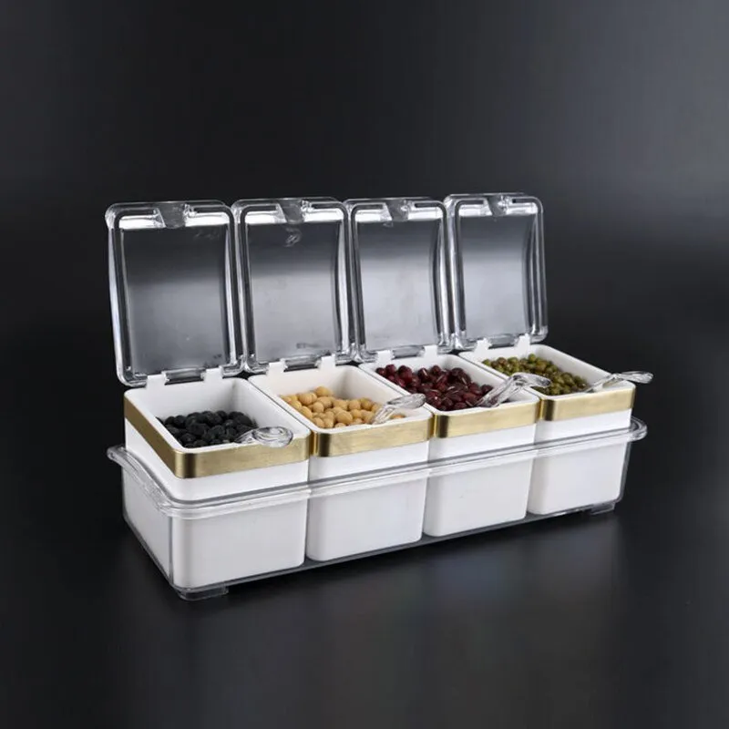3/4 Grid Acrylic Transparent Seasoning Box Salt and Pepper Kitchen Spice Container Condiment Storage with Spoon Seasoning Tool