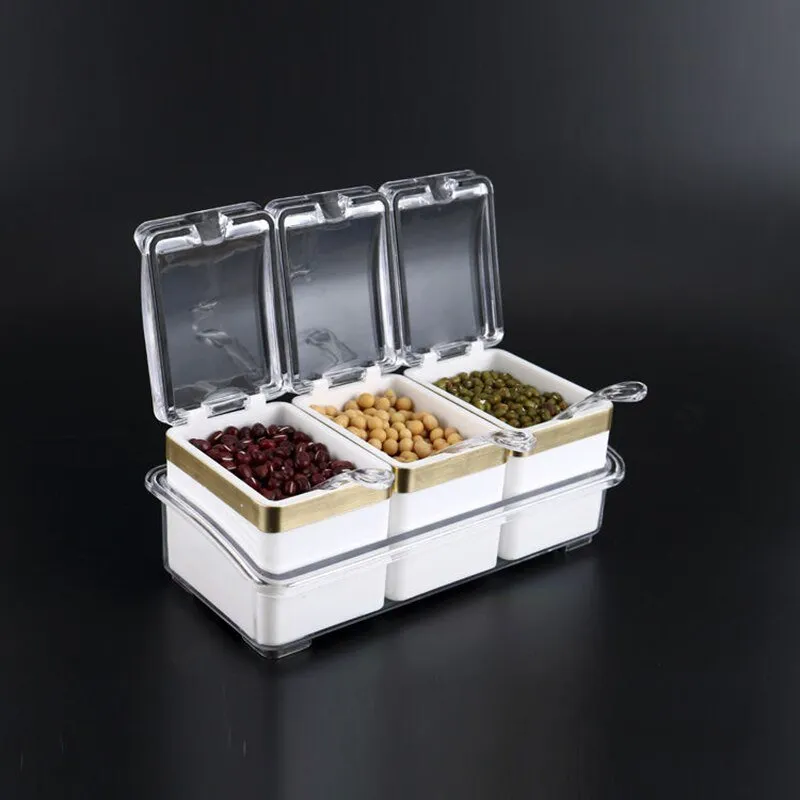 3/4 Grid Acrylic Transparent Seasoning Box Salt and Pepper Kitchen Spice Container Condiment Storage with Spoon Seasoning Tool