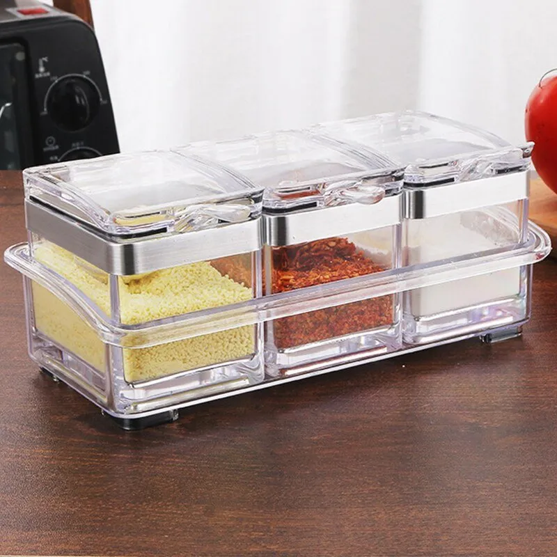 3/4 Grid Acrylic Transparent Seasoning Box Salt and Pepper Kitchen Spice Container Condiment Storage with Spoon Seasoning Tool