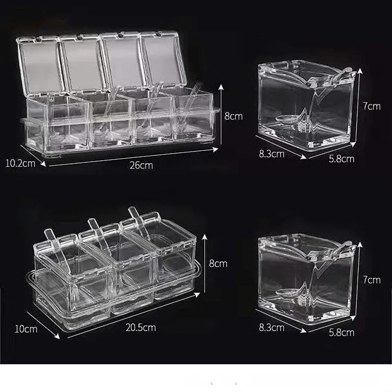 3/4 Grid Acrylic Transparent Seasoning Box Salt and Pepper Kitchen Spice Container Condiment Storage with Spoon Seasoning Tool