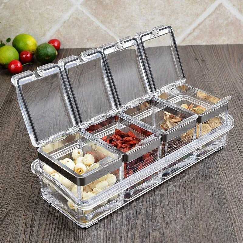 3/4 Grid Acrylic Transparent Seasoning Box Salt and Pepper Kitchen Spice Container Condiment Storage with Spoon Seasoning Tool
