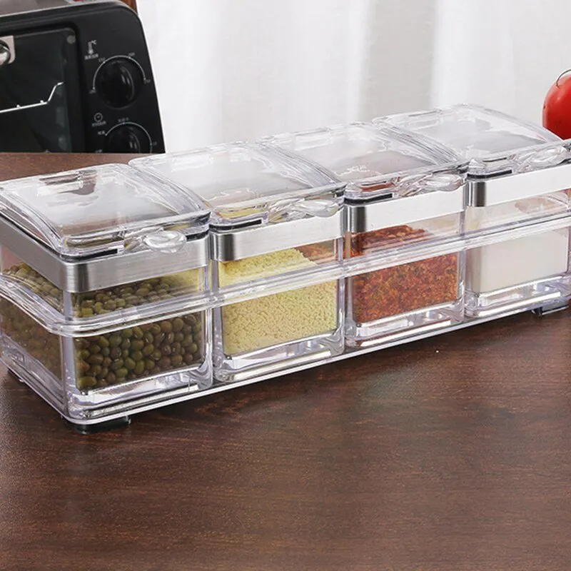 3/4 Grid Acrylic Transparent Seasoning Box Salt and Pepper Kitchen Spice Container Condiment Storage with Spoon Seasoning Tool