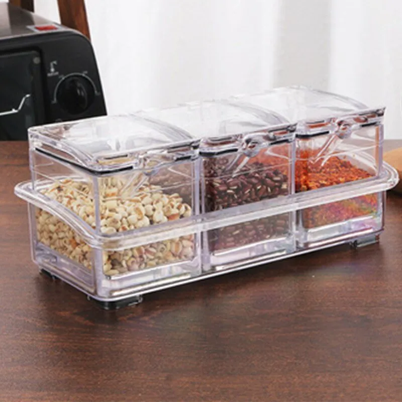3/4 Grid Acrylic Transparent Seasoning Box Salt and Pepper Kitchen Spice Container Condiment Storage with Spoon Seasoning Tool