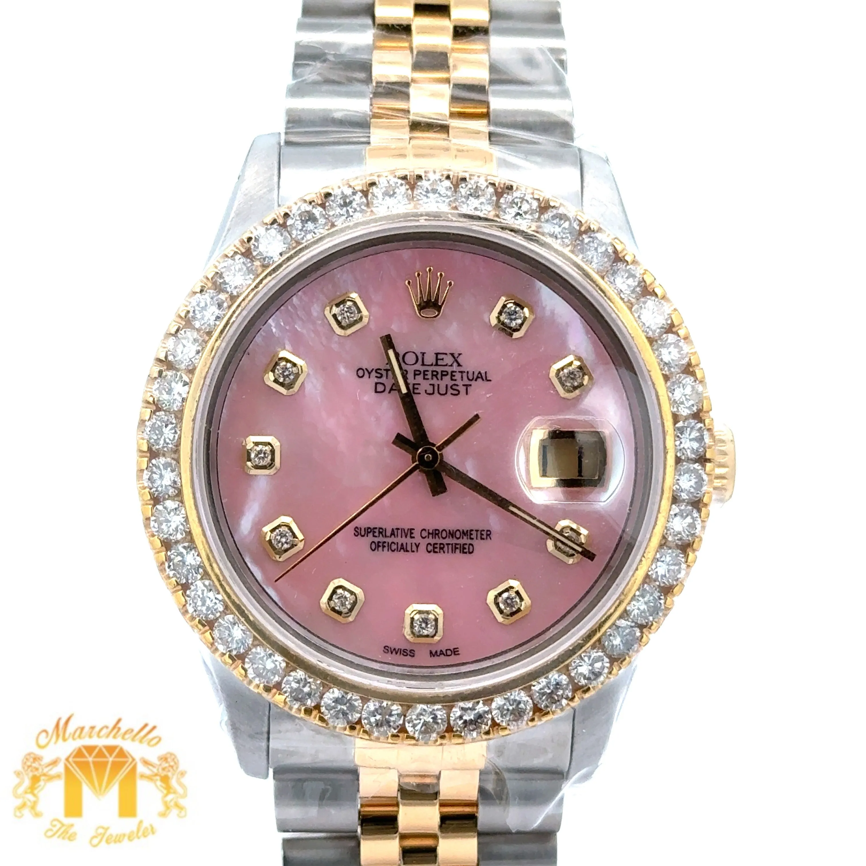 36mm Rolex Diamond Watch with Two-Tone Jubilee Bracelet (Pink mother of pearl diamond dial)