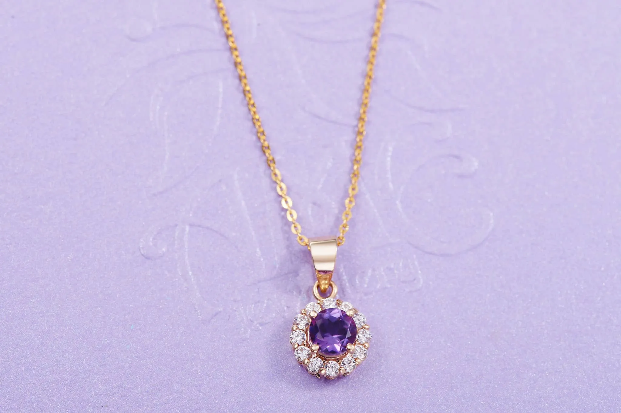 5mm Amethyst Halo Pendant Necklace in 14K Yellow Gold