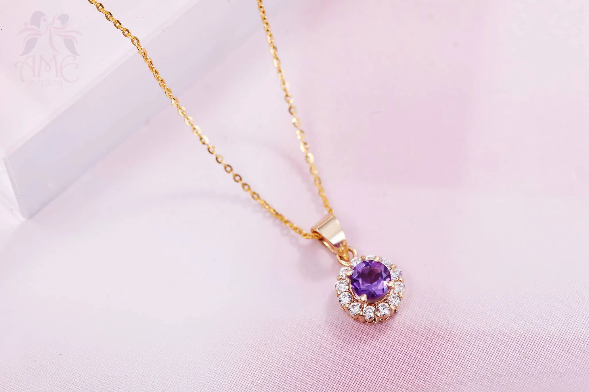 5mm Amethyst Halo Pendant Necklace in 14K Yellow Gold