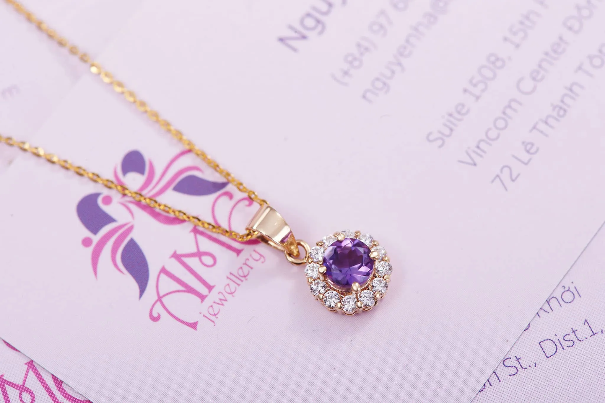 5mm Amethyst Halo Pendant Necklace in 14K Yellow Gold