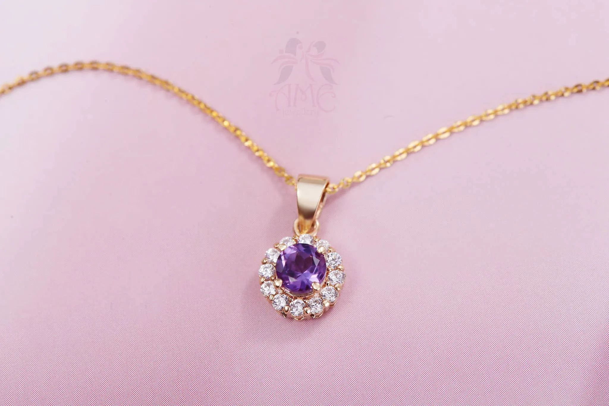 5mm Amethyst Halo Pendant Necklace in 14K Yellow Gold