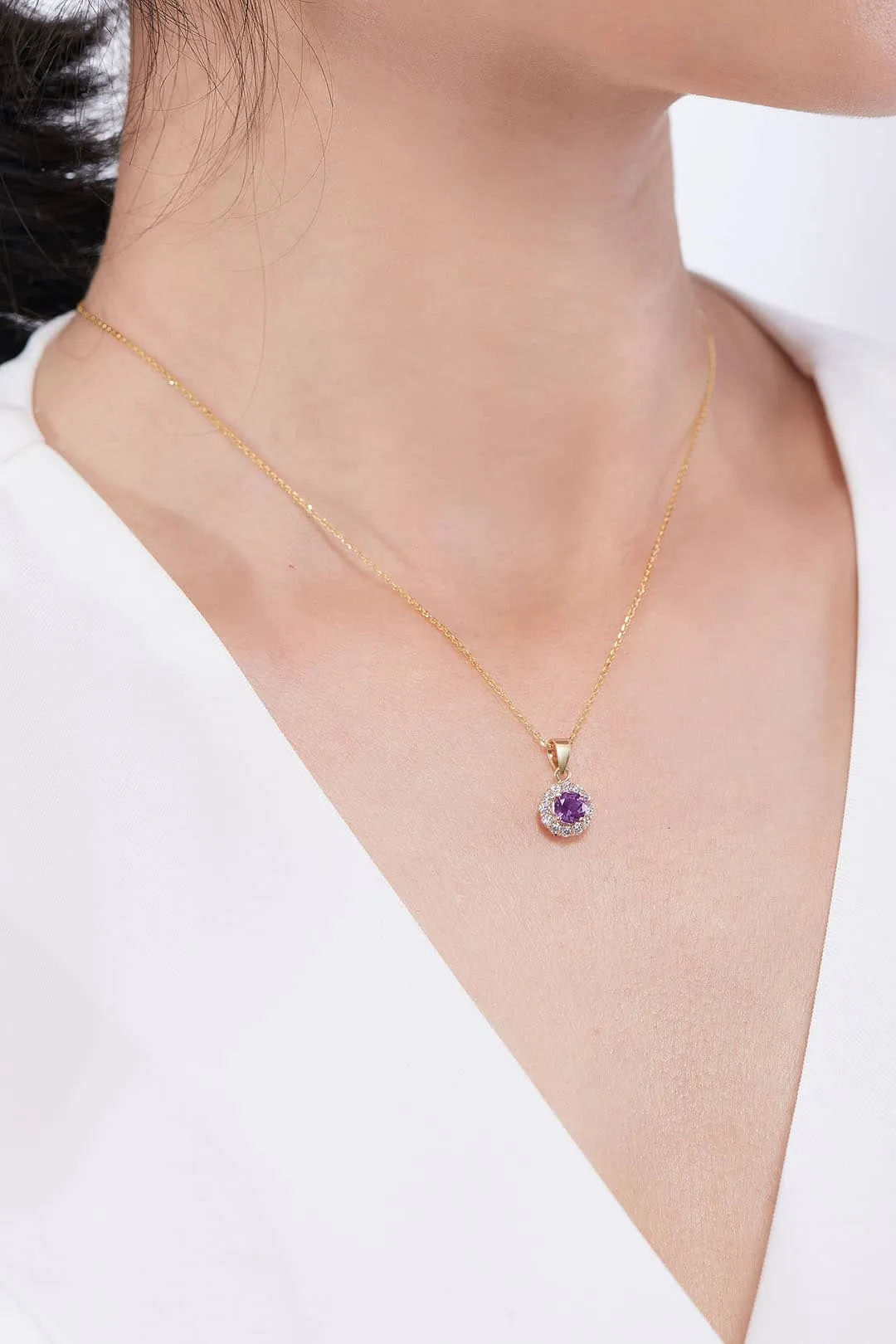 5mm Amethyst Halo Pendant Necklace in 14K Yellow Gold
