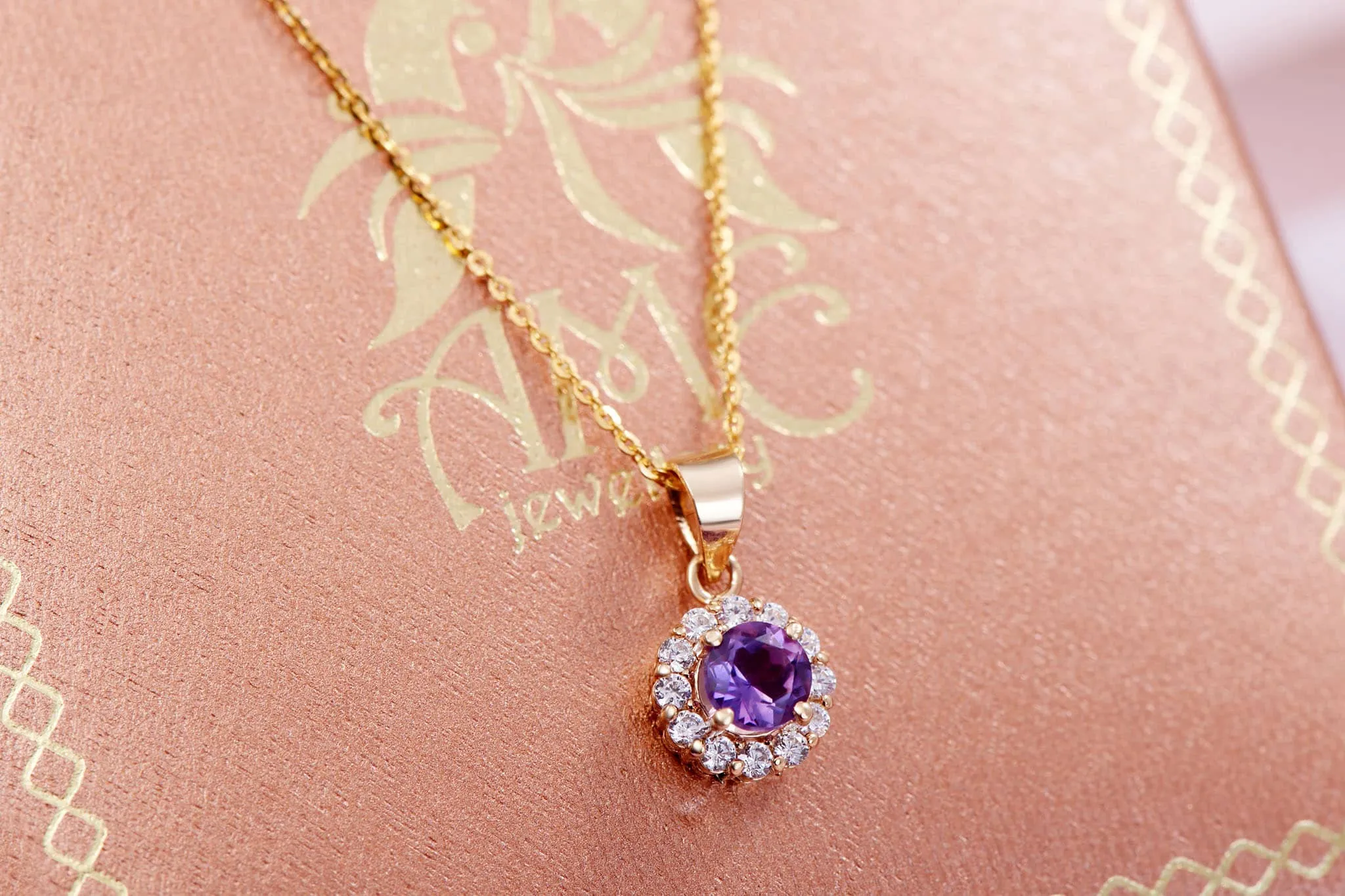 5mm Amethyst Halo Pendant Necklace in 14K Yellow Gold