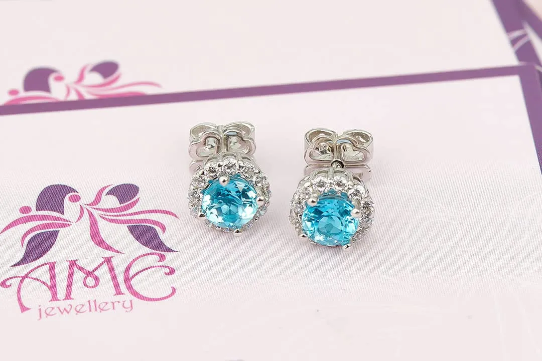 5mm Blue Topaz Halo Earrings in Sterling Silver