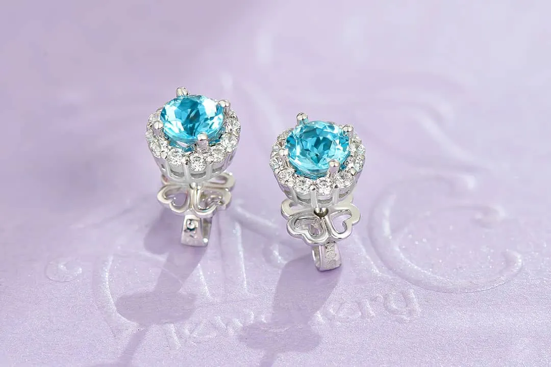 5mm Blue Topaz Halo Earrings in Sterling Silver