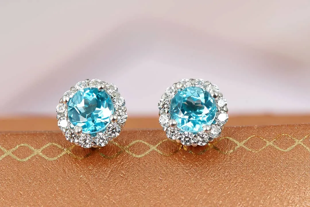 5mm Blue Topaz Halo Earrings in Sterling Silver