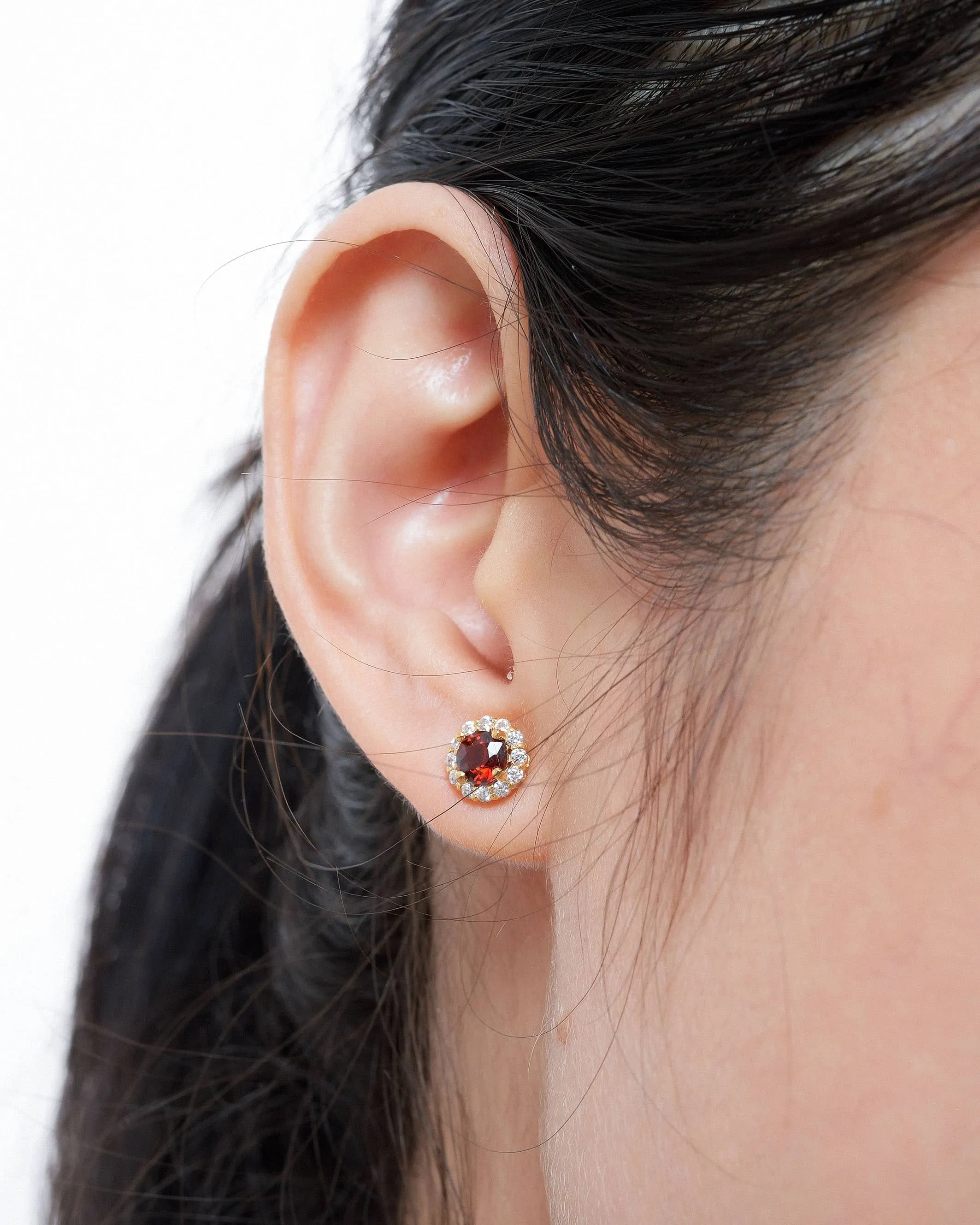 5mm Natural Red Garnet Halo Earrings in 14-karat Yellow Gold