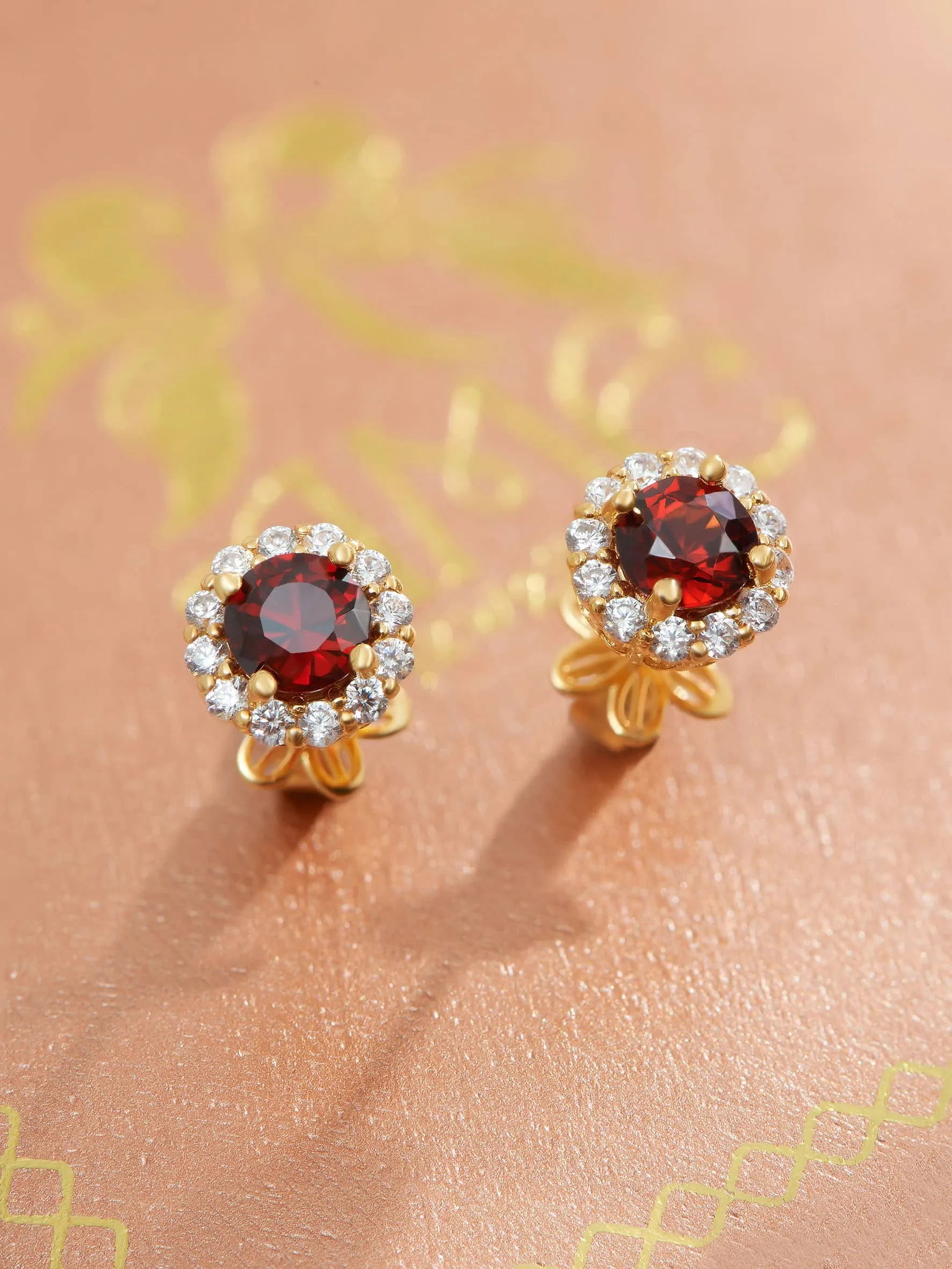5mm Natural Red Garnet Halo Earrings in 14-karat Yellow Gold