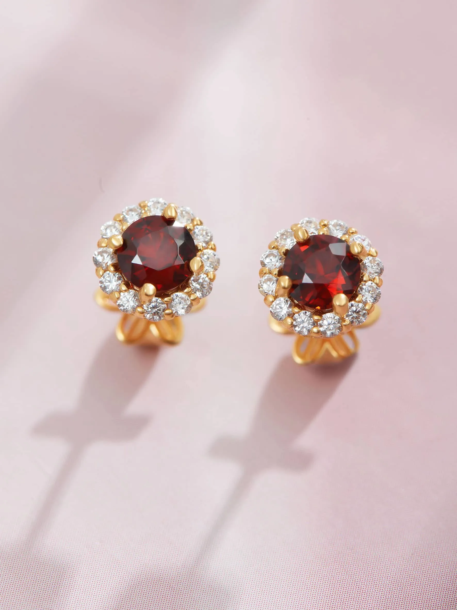 5mm Natural Red Garnet Halo Earrings in 14-karat Yellow Gold