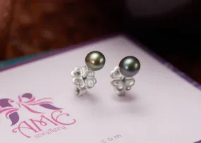 5mm Peacock Green Freshwater Pearl Stud Earrings in Sterling Silver