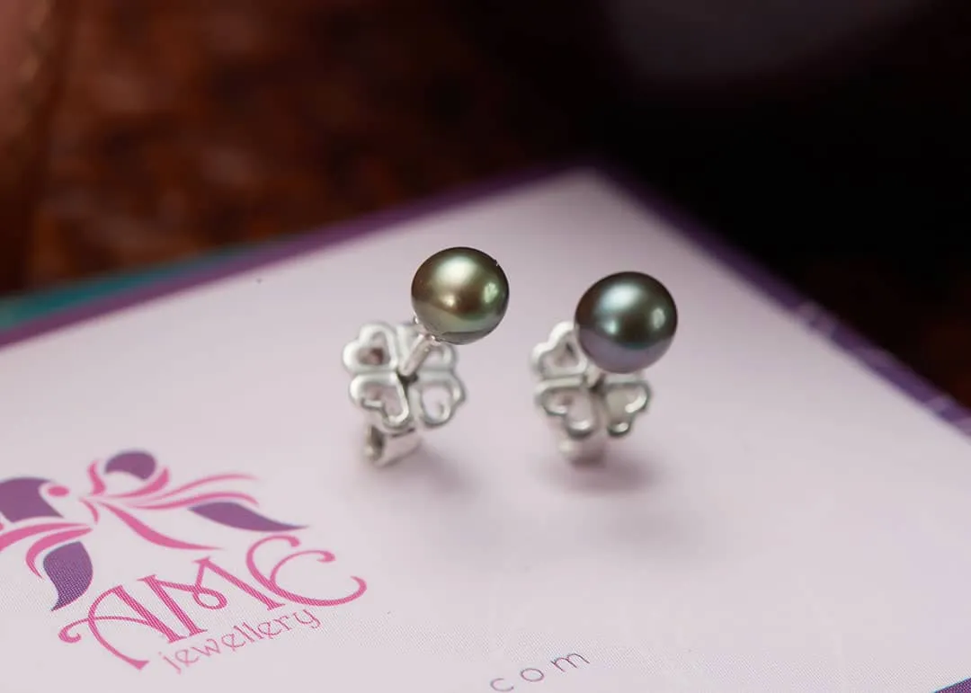 5mm Peacock Green Freshwater Pearl Stud Earrings in Sterling Silver
