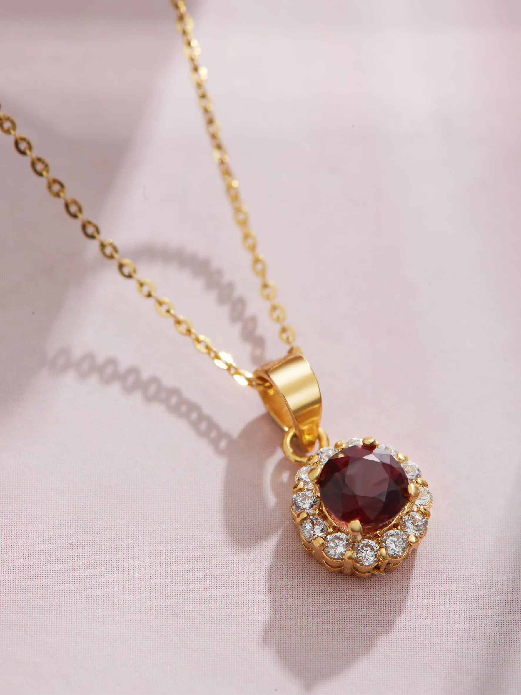 5mm Red Garnet Halo Pendant Necklace in 14K Yellow Gold
