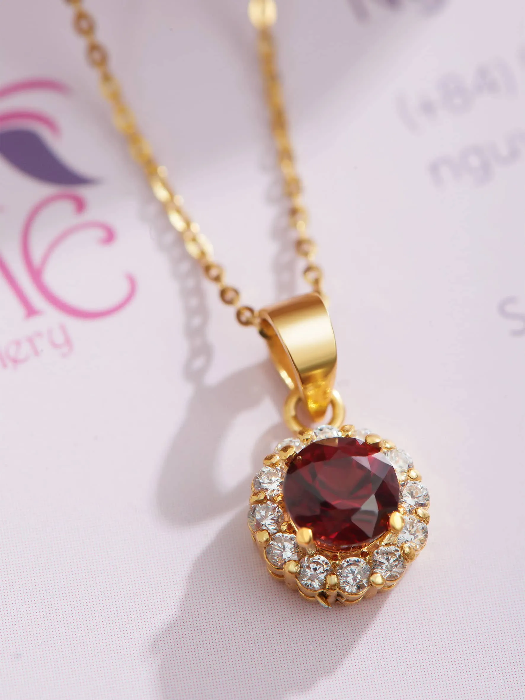5mm Red Garnet Halo Pendant Necklace in 14K Yellow Gold
