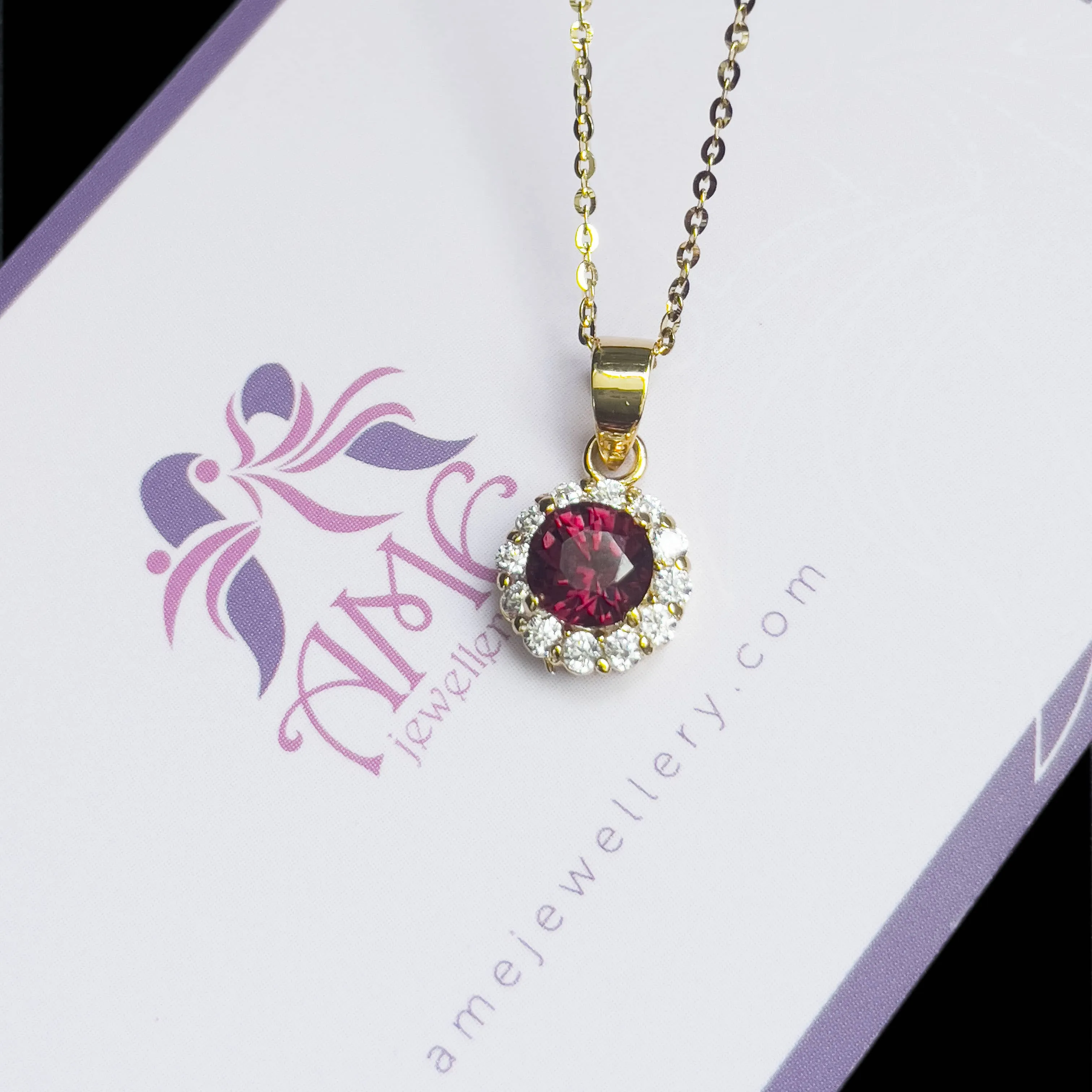 5mm Red Garnet Halo Pendant Necklace in 14K Yellow Gold