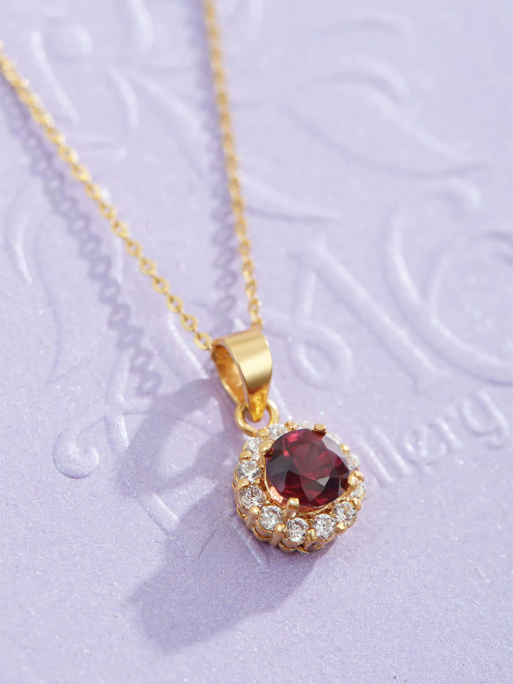 5mm Red Garnet Halo Pendant Necklace in 14K Yellow Gold