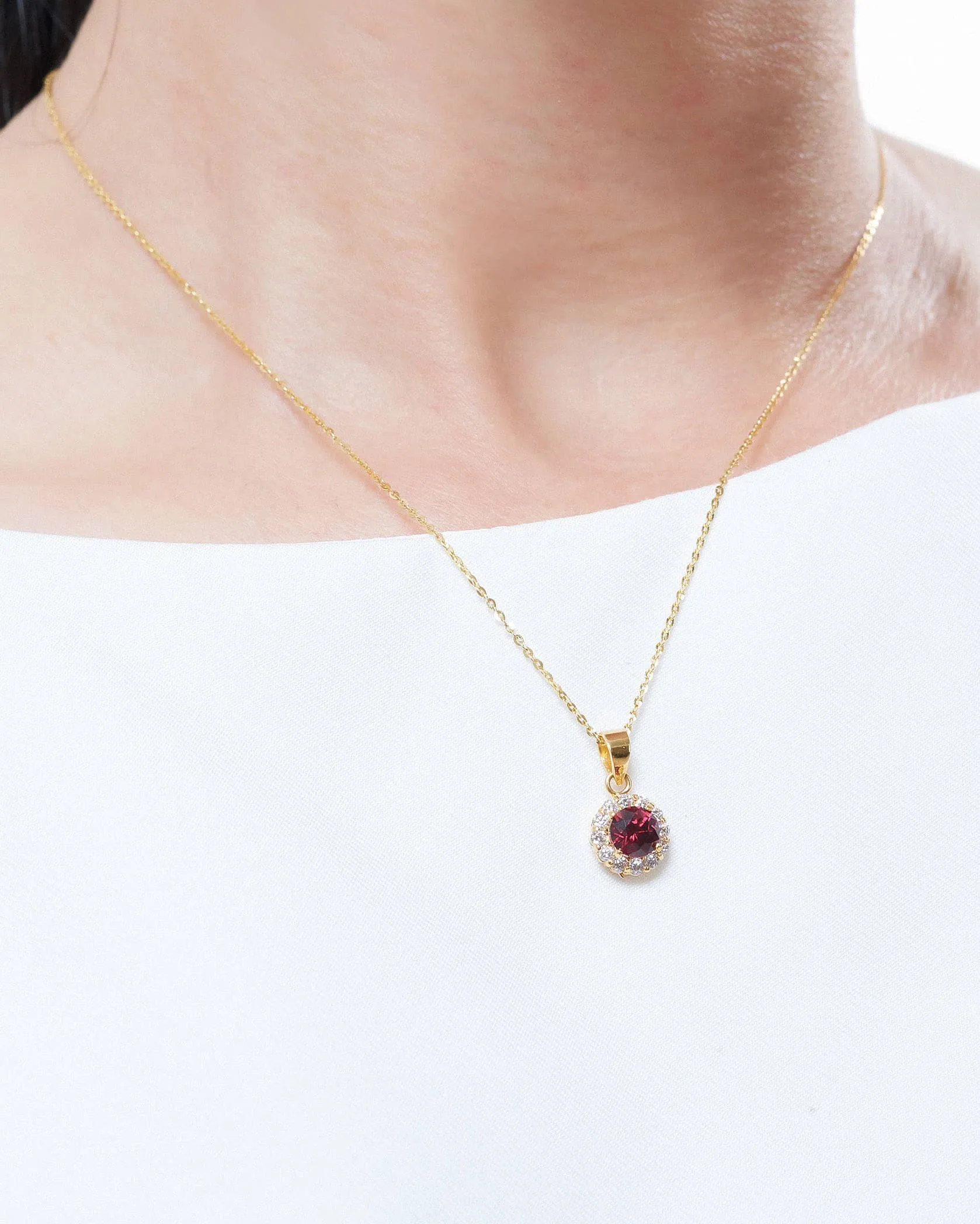 5mm Red Garnet Halo Pendant Necklace in 14K Yellow Gold