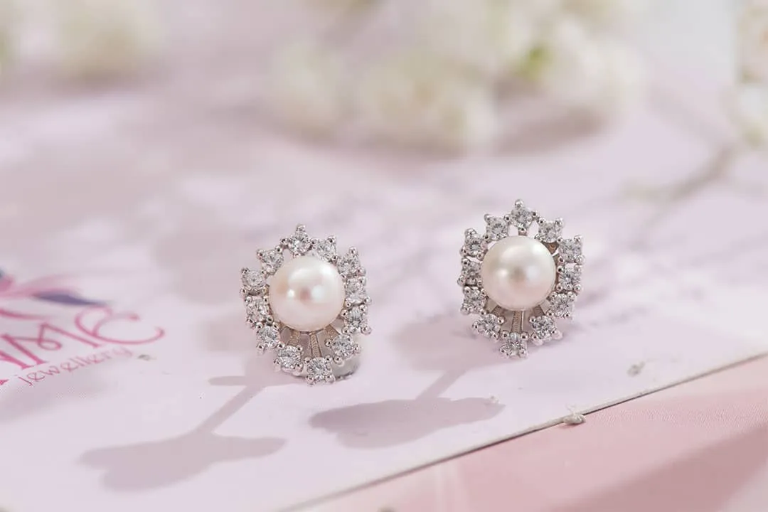 5mm White Freshwater Cultured Pearl Flower Earrings in Sterling Silver