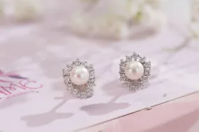 5mm White Freshwater Cultured Pearl Flower Earrings in Sterling Silver