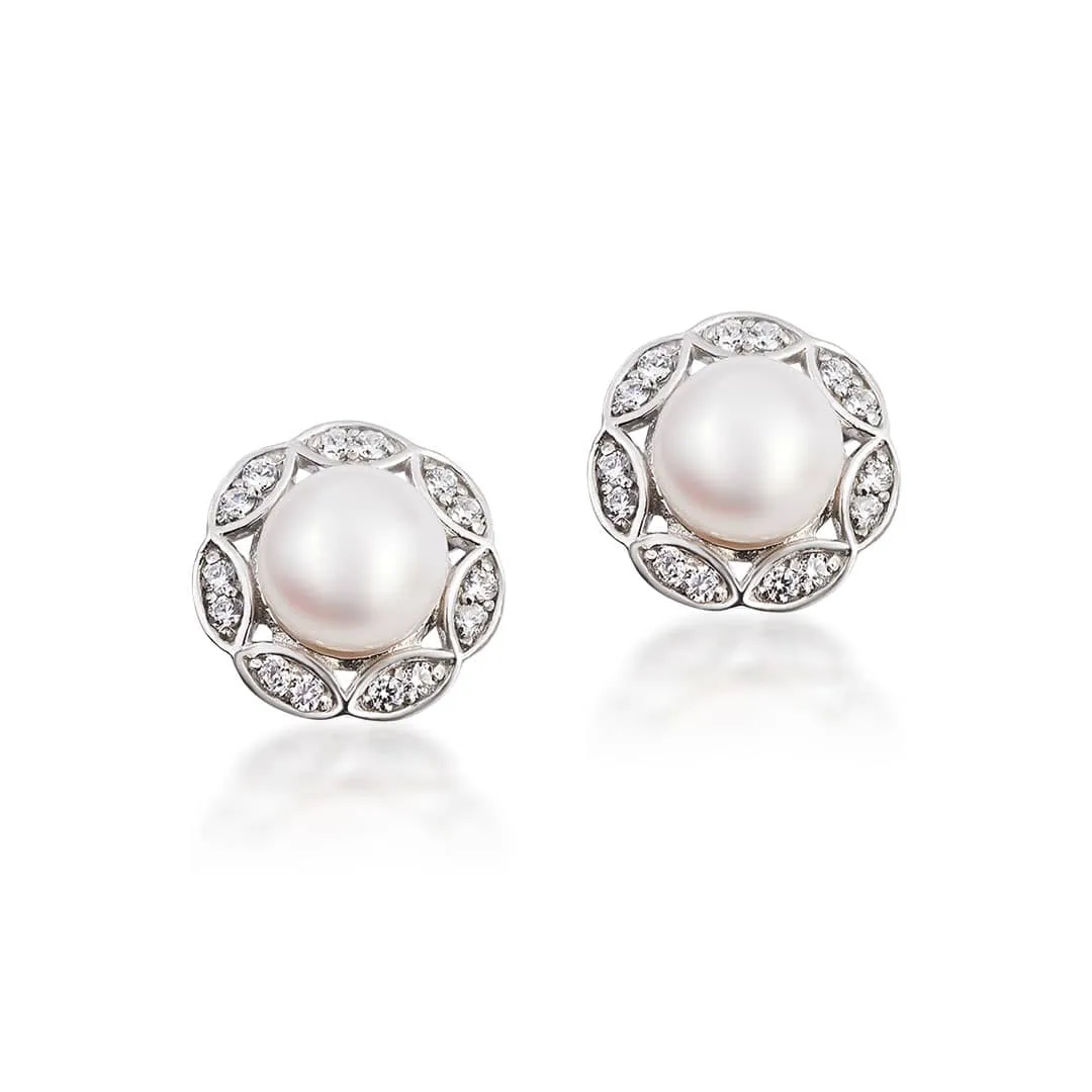 6.5mm White Freshwater Cultured Pearl Vintage Earrings in Sterling Silver
