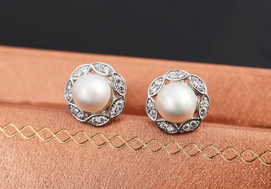 6.5mm White Freshwater Cultured Pearl Vintage Earrings in Sterling Silver