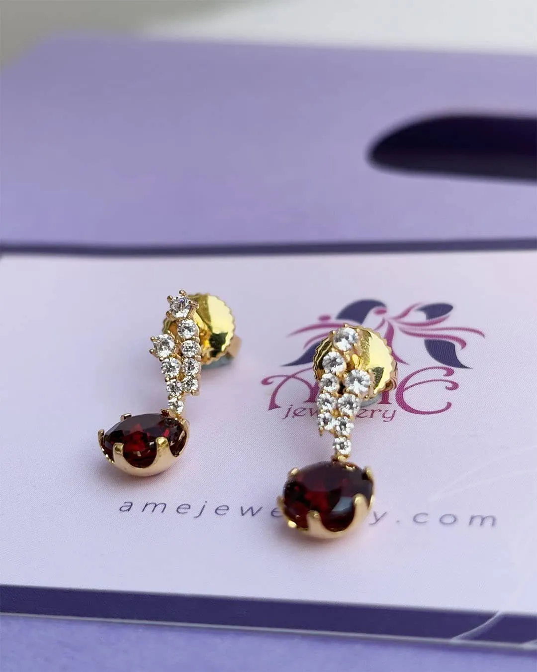 6mm Natural Red Garnet Drop Earrings in 14K Yellow Gold
