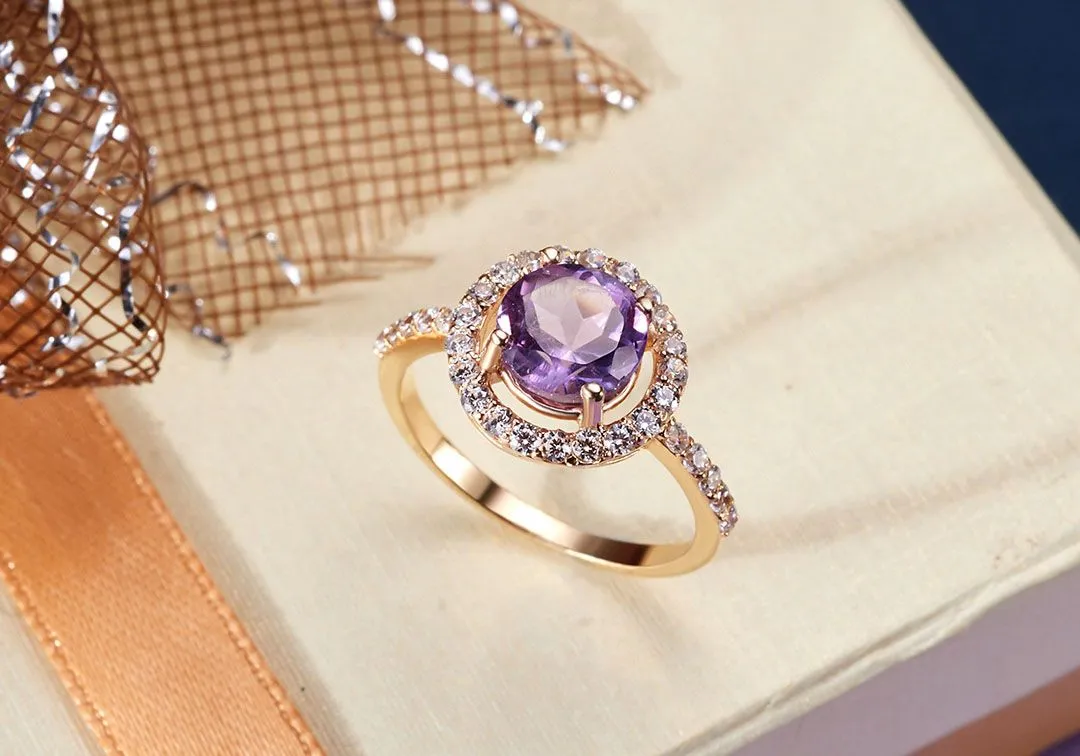 7mm Amethyst Halo Ring in 14K Yellow Gold for Women