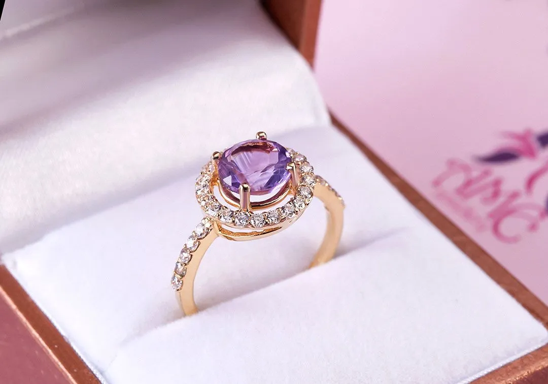 7mm Amethyst Halo Ring in 14K Yellow Gold for Women